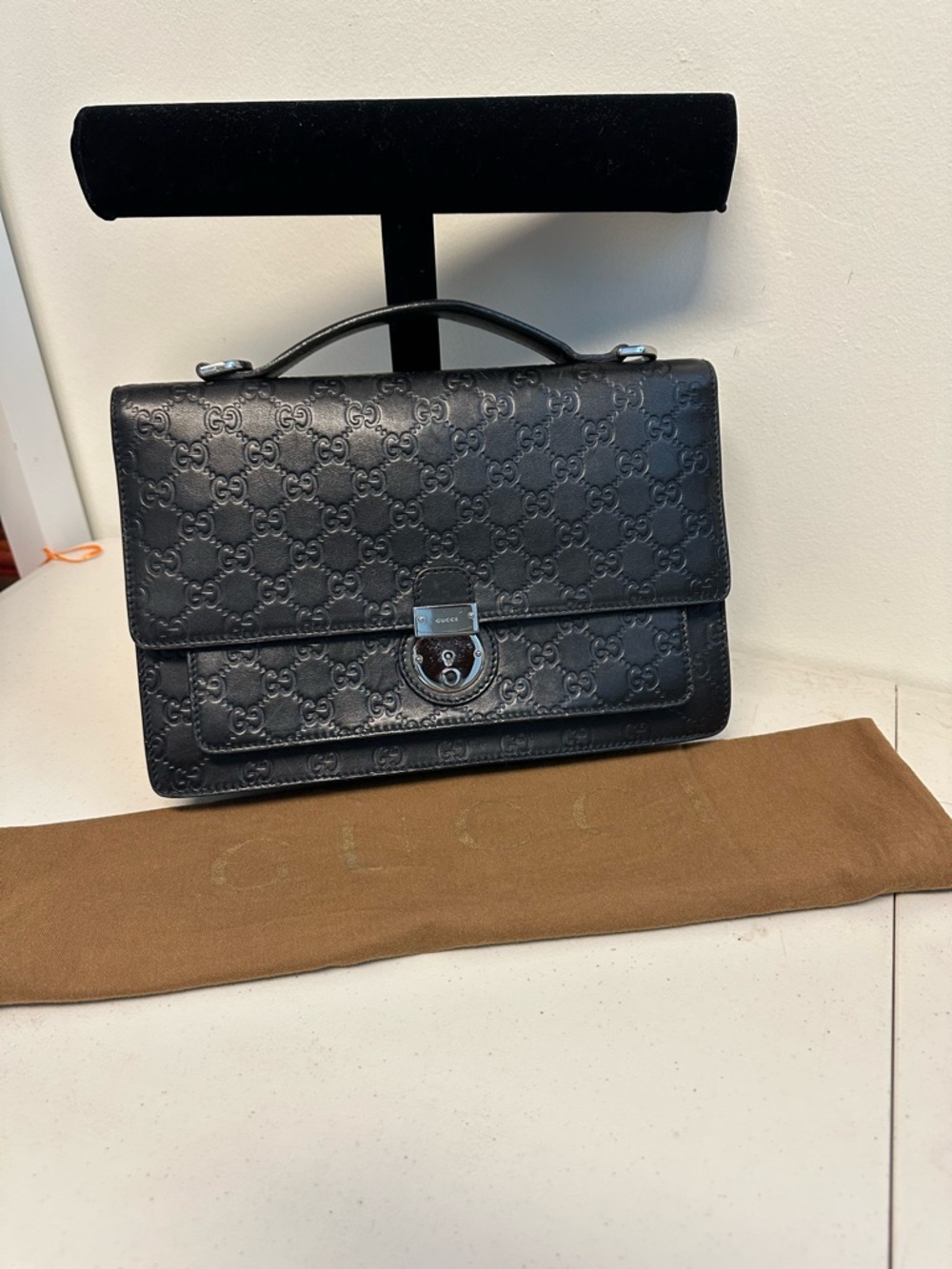 Gucci Black Embossed GG Leather Briefcase with Top Handle